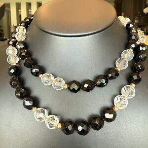 Vintage Faceted Clear & Black Glass 30” Necklace 9mm Beads